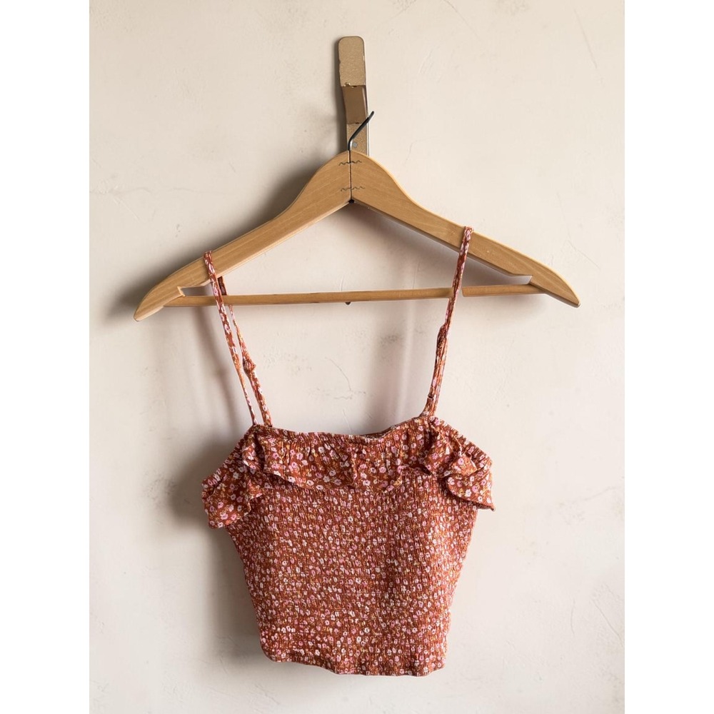 Hippie Rose Womens Small Rust Floral Smocked‎ Ruffle Cami Crop Top Boho Strappy